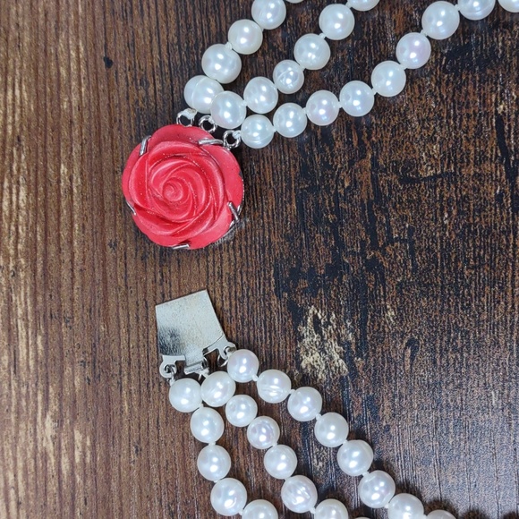 Multi Strand Pearl Necklace w/Coral Flower Clasp - Picture 8 of 8